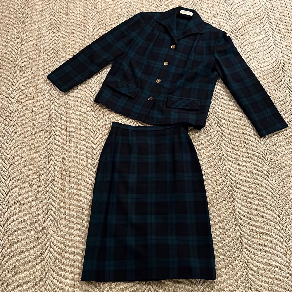 Pendleton Black and Dark Green Plaid Skirt Suit